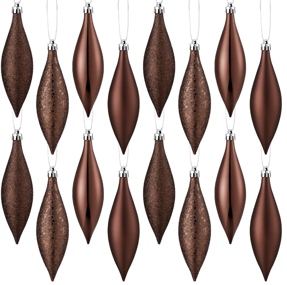 A row of elongated brown and gold Christmas ornaments, featuring alternating matte and glitter finishes, is hanging on strings against a white background. Perfect for adding a touch of elegance to your Christmas tree decorations.